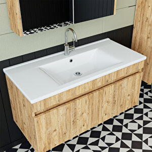 '' Lavabolu '' Atlantik Mat Mdf 100 Cm Banyo Alt Dolap + Aynalı Üst Dolap