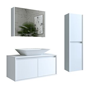 Banos Banyo Roomart Lavabolu Mat Beyaz Mdf 100cm Banyo Dolabı+aynalı Banyo Üst Dolap+banyo Boy Dolap