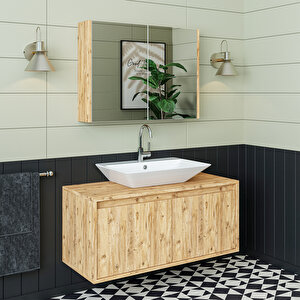 Roomart Lavabolu Mat Ahşap Mdf 100 Cm Banyo Dolabı + Aynalı Banyo Üst Dolabı