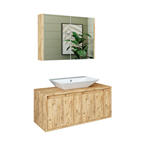 Roomart Lavabolu Mat Ahşap Mdf 100 Cm Banyo Dolabı + Aynalı Banyo Üst Dolabı