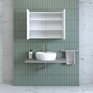 Banos Banyo Roomart Ad7 Kulpsuz 2 Kapaklı Mat Beyaz Mdf 80 Cm Aynalı Banyo Üst Dolabı