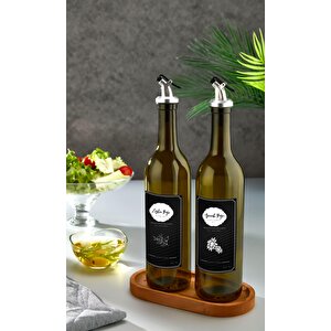 Ahşap Stantlı Amber 2'li 750 Ml Zeytinyağı Sıvıyağ Şişesi Damlatmaz Yağdanlık Yağlık Siyah Etiketli