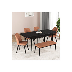 Hestia Serisi Açılabilir Mdf Mutfak Salon Masa Takımı 4 Sandalye+1 Bench Siyah Mermer Görünümlü Turuncu