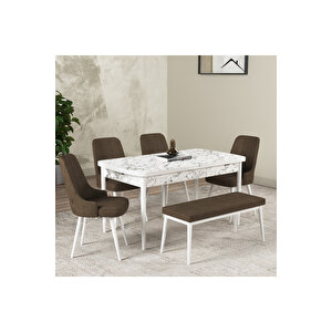 Hera Serisi Açılabilir Mdf Mutfak Salon Masa Takımı 4 Sandalye+1 Bench Beyaz Mermer Görünümlü Kahverengi