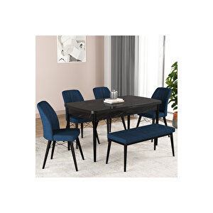 Hestia Serisi Açılabilir Mdf Mutfak Salon Masa Takımı 4 Sandalye+1 Bench Siyah Mermer Görünümlü Lacivert