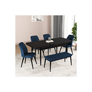 Hestia Serisi Açılabilir Mdf Mutfak Salon Masa Takımı 4 Sandalye+1 Bench Siyah Mermer Görünümlü Lacivert