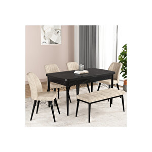 Hestia Serisi Açılabilir Mdf Mutfak Salon Masa Takımı 4 Sandalye+1 Bench Siyah Mermer Görünümlü Krem