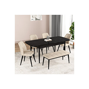 Hestia Serisi Açılabilir Mdf Mutfak Salon Masa Takımı 4 Sandalye+1 Bench Siyah Mermer Görünümlü Krem