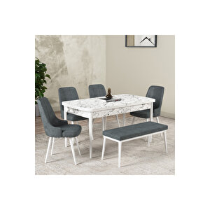 Hera Serisi Açılabilir Mdf Mutfak Salon Masa Takımı 4 Sandalye+1 Bench Beyaz Mermer Görünümlü Antrasit