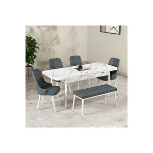 Gadagrup Hera Serisi Açılabilir Mdf Mutfak Salon Masa Takımı 4 Sandalye+1 Bench Beyaz Mermer Görünümlü