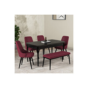 Hera Serisi Açılabilir Mdf Mutfak Salon Masa Takımı 4 Sandalye+1 Bench Siyah Mermer Görünümlü Bordo