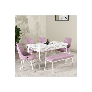 Hera Serisi Açılabilir Mdf Mutfak Salon Masa Takımı 4 Sandalye+1 Bench Beyaz Mermer Görünümlü Pembe