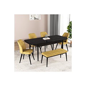 Hestia Serisi Açılabilir Mdf Mutfak Salon Masa Takımı 4 Sandalye+1 Bench Siyah Mermer Görünümlü Sarı