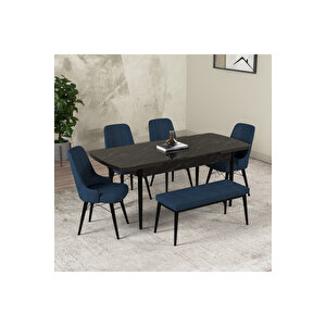 Hera Serisi Açılabilir Mdf Mutfak Salon Masa Takımı 4 Sandalye+1 Bench Siyah Mermer Görünümlü Lacivert