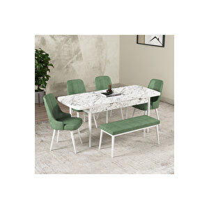 Hera Serisi Açılabilir Mdf Mutfak Salon Masa Takımı 4 Sandalye+1 Bench Beyaz Mermer Görünümlü Yeşil