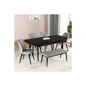 Hestia Serisi Açılabilir Mdf Mutfak Salon Masa Takımı 4 Sandalye+1 Bench Siyah Mermer Görünümlü Gri