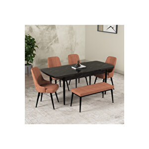 Hera Serisi Açılabilir Mdf Mutfak Salon Masa Takımı 4 Sandalye+1 Bench Siyah Mermer Görünümlü Turuncu
