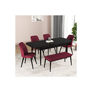 Hestia Serisi Açılabilir Mdf Mutfak Salon Masa Takımı 4 Sandalye+1 Bench Siyah Mermer Görünümlü Bordo