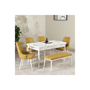 Hera Serisi Açılabilir Mdf Mutfak Salon Masa Takımı 4 Sandalye+1 Bench Beyaz Mermer Görünümlü Sarı