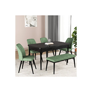 Hestia Serisi Açılabilir Mdf Mutfak Salon Masa Takımı 4 Sandalye+1 Bench Siyah Mermer Görünümlü Yeşil