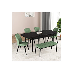 Hestia Serisi Açılabilir Mdf Mutfak Salon Masa Takımı 4 Sandalye+1 Bench Siyah Mermer Görünümlü Yeşil