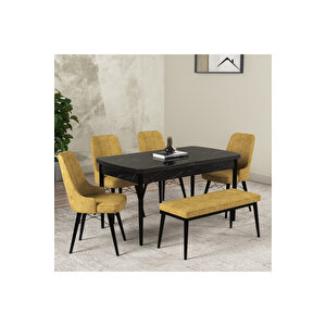 Hera Serisi Açılabilir Mdf Mutfak Salon Masa Takımı 4 Sandalye+1 Bench Siyah Mermer Görünümlü Sarı