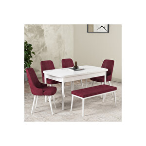 Hera Serisi Açılabilir Mdf Mutfak Salon Masa Takımı 4 Sandalye+1 Bench Beyaz Bordo