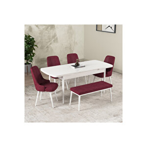 Hera Serisi Açılabilir Mdf Mutfak Salon Masa Takımı 4 Sandalye+1 Bench Beyaz Bordo