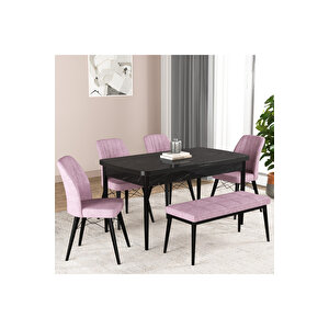 Hestia Serisi Açılabilir Mdf Mutfak Salon Masa Takımı 4 Sandalye+1 Bench Siyah Mermer Görünümlü Pembe