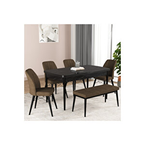 Hestia Serisi Açılabilir Mdf Mutfak Salon Masa Takımı 4 Sandalye+1 Bench Siyah Mermer Görünümlü Kahverengi