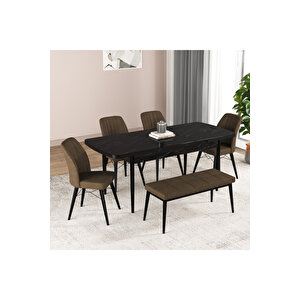 Hestia Serisi Açılabilir Mdf Mutfak Salon Masa Takımı 4 Sandalye+1 Bench Siyah Mermer Görünümlü Kahverengi