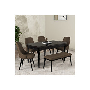 Hera Serisi Açılabilir Mdf Mutfak Salon Masa Takımı 4 Sandalye+1 Bench Siyah Mermer Görünümlü Kahverengi
