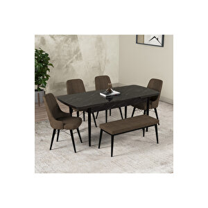 Hera Serisi Açılabilir Mdf Mutfak Salon Masa Takımı 4 Sandalye+1 Bench Siyah Mermer Görünümlü Kahverengi