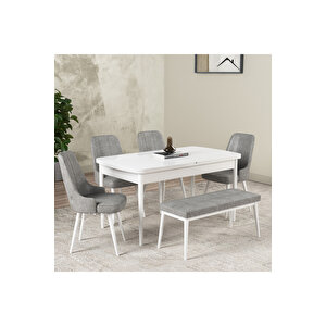 Hera Serisi Açılabilir Mdf Mutfak Salon Masa Takımı 4 Sandalye+1 Bench Beyaz Gri
