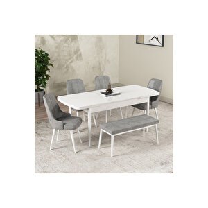 Hera Serisi Açılabilir Mdf Mutfak Salon Masa Takımı 4 Sandalye+1 Bench Beyaz Gri