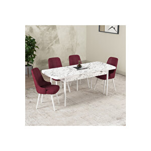 Hera Serisi Açılabilir Mdf Mutfak Salon Masa Takımı 4 Sandalyeli Beyaz Mermer Görünümlü Bordo