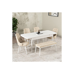 Hera Serisi Açılabilir Mdf Mutfak Salon Masa Takımı 4 Sandalye+1 Bench Beyaz Krem