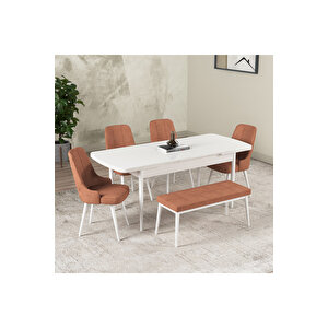 Hera Serisi Açılabilir Mdf Mutfak Salon Masa Takımı 4 Sandalye+1 Bench Beyaz Turuncu