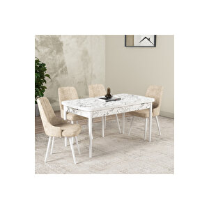 Gadagrup Hera Serisi Açılabilir Mdf Mutfak Salon Masa Takımı 4 Sandalyeli Beyaz Mermer Görünümlü