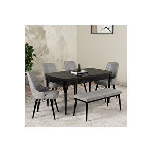 Hera Serisi Açılabilir Mdf Mutfak Salon Masa Takımı 4 Sandalye+1 Bench Siyah Mermer Görünümlü Gri