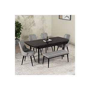 Hera Serisi Açılabilir Mdf Mutfak Salon Masa Takımı 4 Sandalye+1 Bench Siyah Mermer Görünümlü Gri