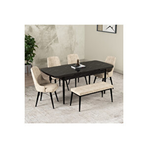 Hera Serisi Açılabilir Mdf Mutfak Salon Masa Takımı 4 Sandalye+1 Bench Siyah Mermer Görünümlü Krem