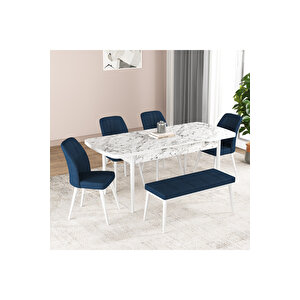Gadagrup Hestia Serisi Açılabilir Mdf Mutfak Salon Masa Takımı 4 Sandalye+1 Bench Beyaz Mermer Görünümlü