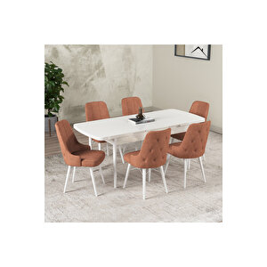 Hera Serisi Açılabilir Mdf Mutfak Salon Masa Takımı 6 Sandalyeli Beyaz Turuncu