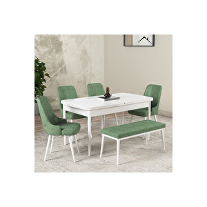 Hera Serisi Açılabilir Mdf Mutfak Salon Masa Takımı 4 Sandalye+1 Bench Beyaz Yeşil