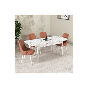 Hera Serisi Açılabilir Mdf Mutfak Salon Masa Takımı 4 Sandalyeli Beyaz Mermer Görünümlü Turuncu