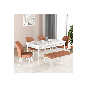 Hestia Serisi Açılabilir Mdf Mutfak Salon Masa Takımı 4 Sandalye+1 Bench Beyaz Mermer Görünümlü Turuncu