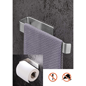 Paslanmaz Çelik 27cm Banyo Havluluk Ve Tuvalet Kağıtlığı Set Yapışkanlı Bant Montaj Vida Yok!