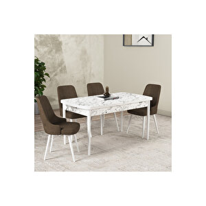 Hera Serisi Açılabilir Mdf Mutfak Salon Masa Takımı 4 Sandalyeli Beyaz Mermer Görünümlü Kahverengi