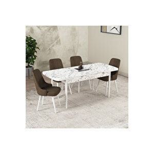 Hera Serisi Açılabilir Mdf Mutfak Salon Masa Takımı 4 Sandalyeli Beyaz Mermer Görünümlü Kahverengi